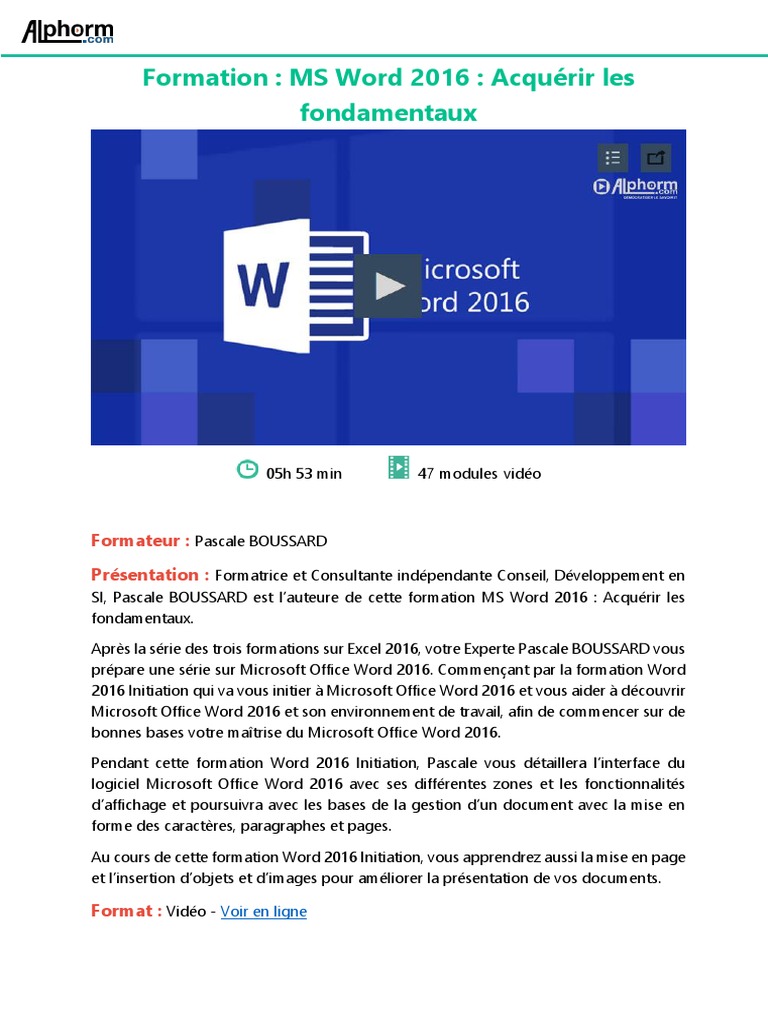 Cours De Bureautique Word Excel Powerpoint 2016 Pdf Alphorm Fiche Formation Word 2016 Initiation | PDF | Microsoft Word |  Microsoft Office