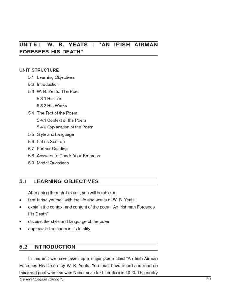 W.B. Yeats poem analysis of "An Irish Airman Foresees His Death PDF Metre (Poetry) W. B. Yeats