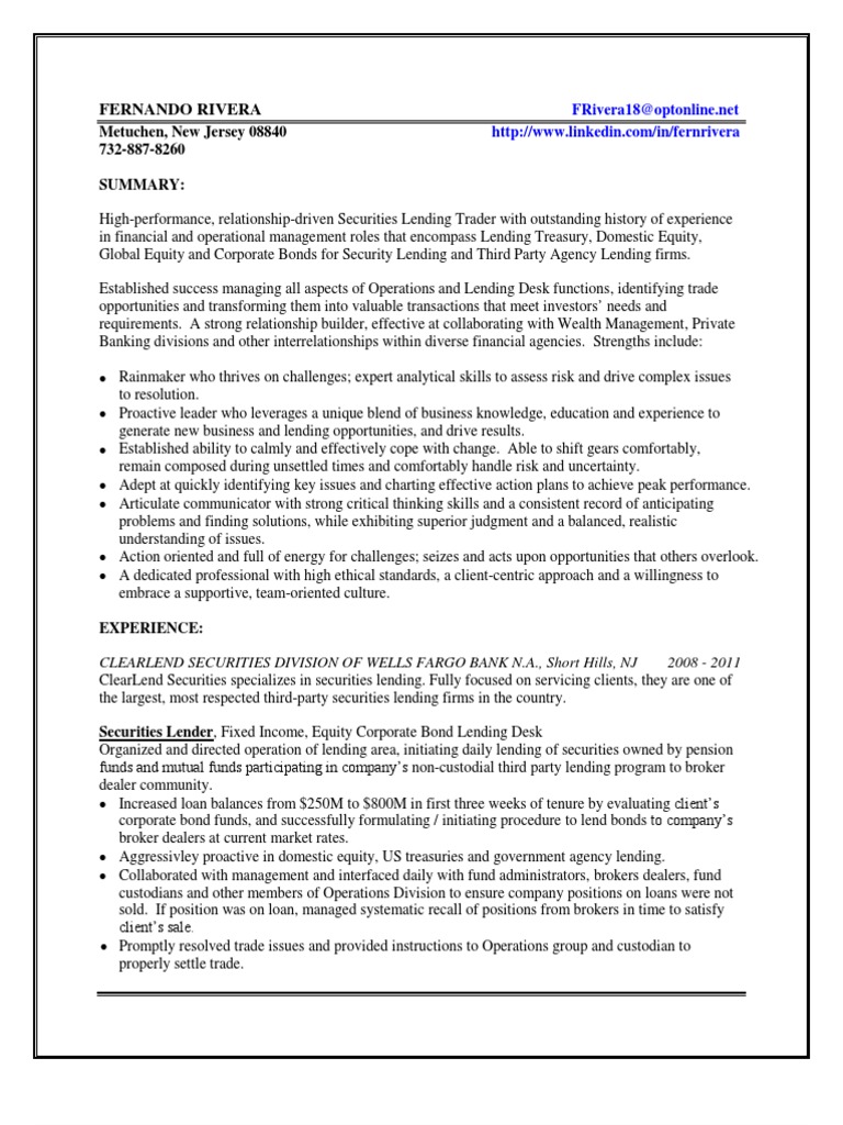 Vice President Security Lending in NYC NY NJ Resume Fernando Rivera