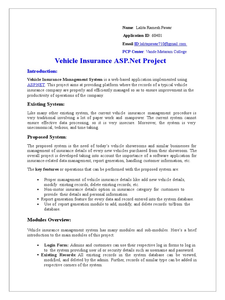 Existing System Vehicle Insurance Management System Is A Based