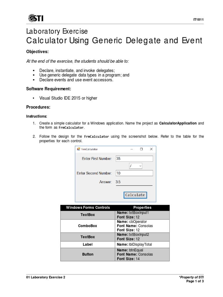 Calculator Using Generic Delegate and Event Laboratory Exercise PDF
