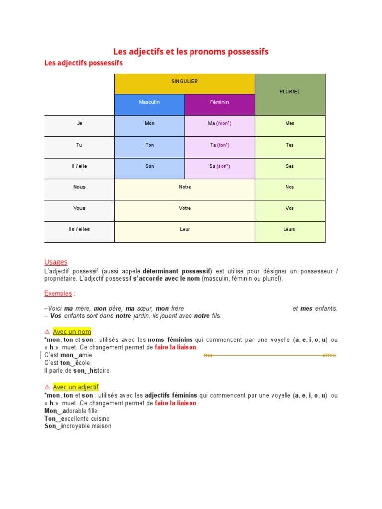Quels Sont Les Déterminants Possessifs 5 Les Adjectifs Et Les Pronoms Possessifs | PDF | Genre grammatical |  Nombre grammatical