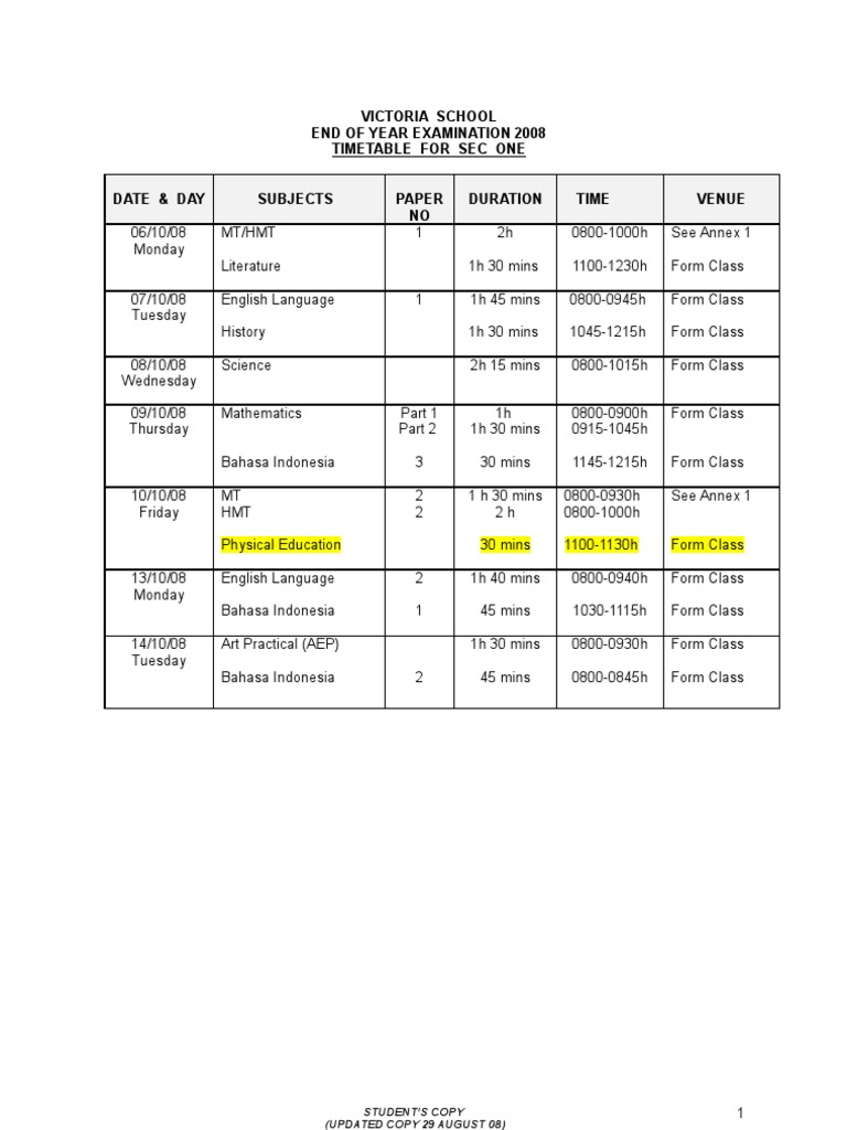 Sec 1-4 SA2 2008 SCHEDULE Student | PDF | Science | Behavior Modification