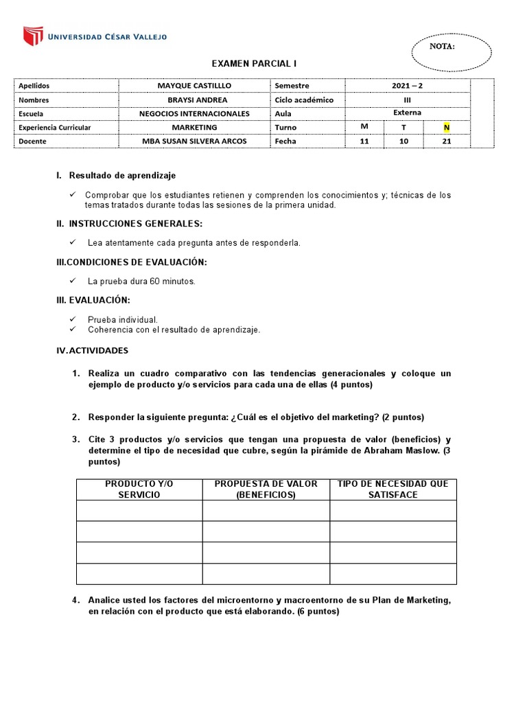 Examen Parcial Marketing UPC 2021-2 | PDF | Marketing | Prueba (evaluación)