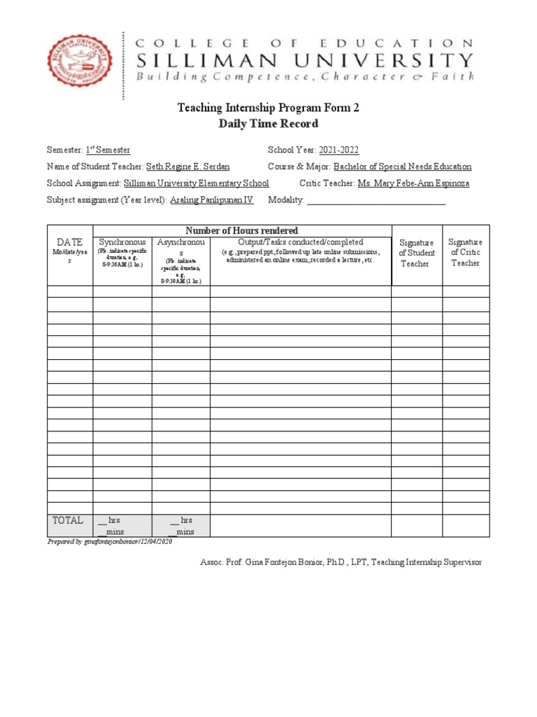 Teaching Internship Program Form 2: Daily Time Record | PDF