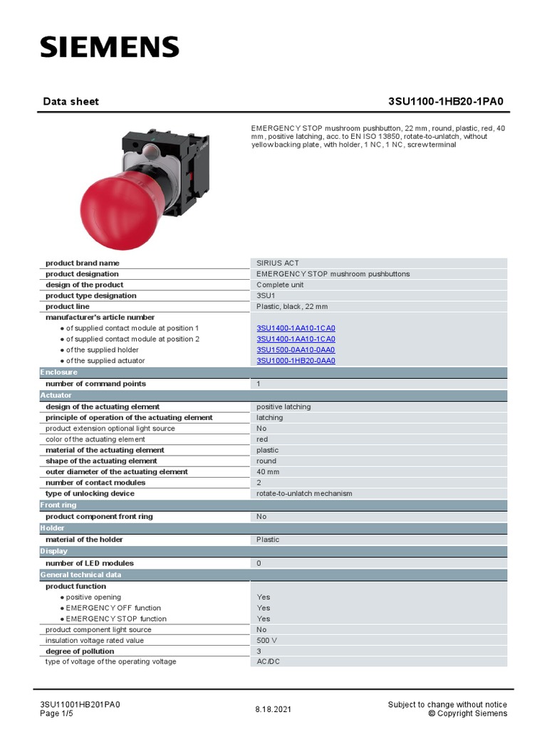 thumbnail image 2 of Siemens 3SU1100-1HB20-1CF0 Emergency Stop Button Switch – New, Industrial 2 of 3