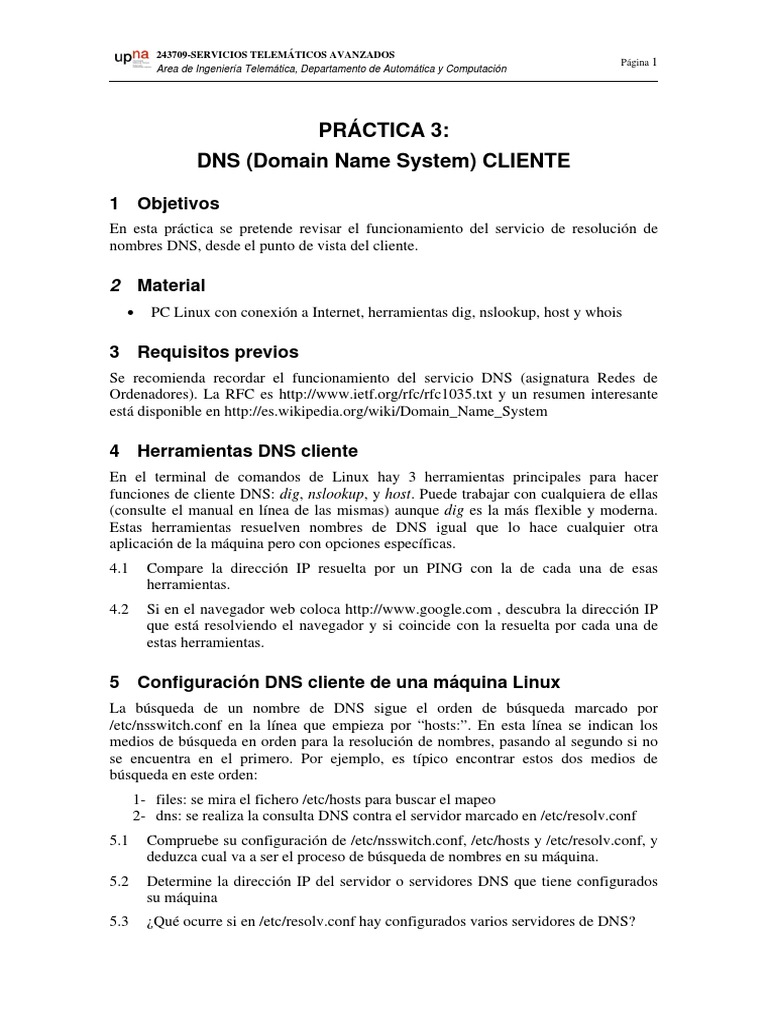 P03-DNS Cliente | PDF | sistema de nombres de dominio | Telecomunicaciones