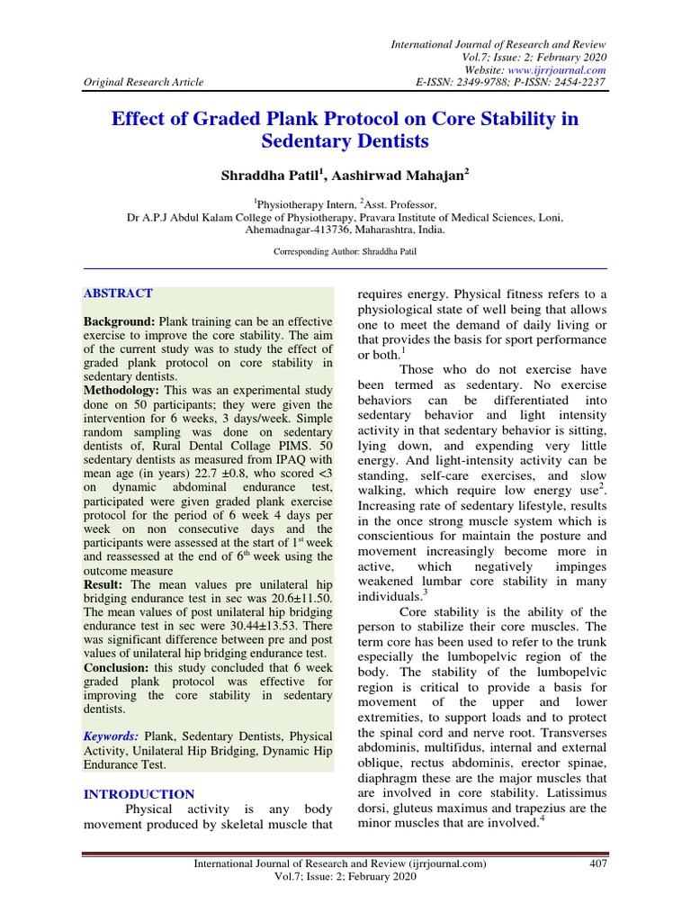 Effect of Graded Plank Protocol On Core Stability in Sedentary Dentists ...