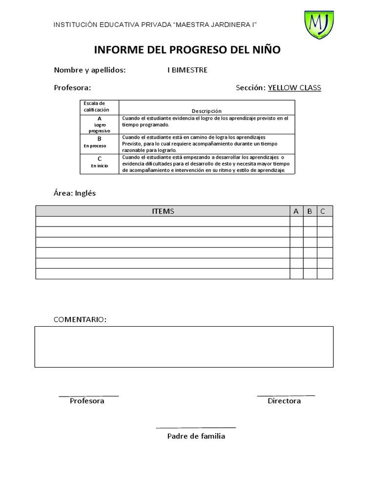Ingles - Informe Del Progreso Del Niño | PDF | Aprendizaje | Educación ...