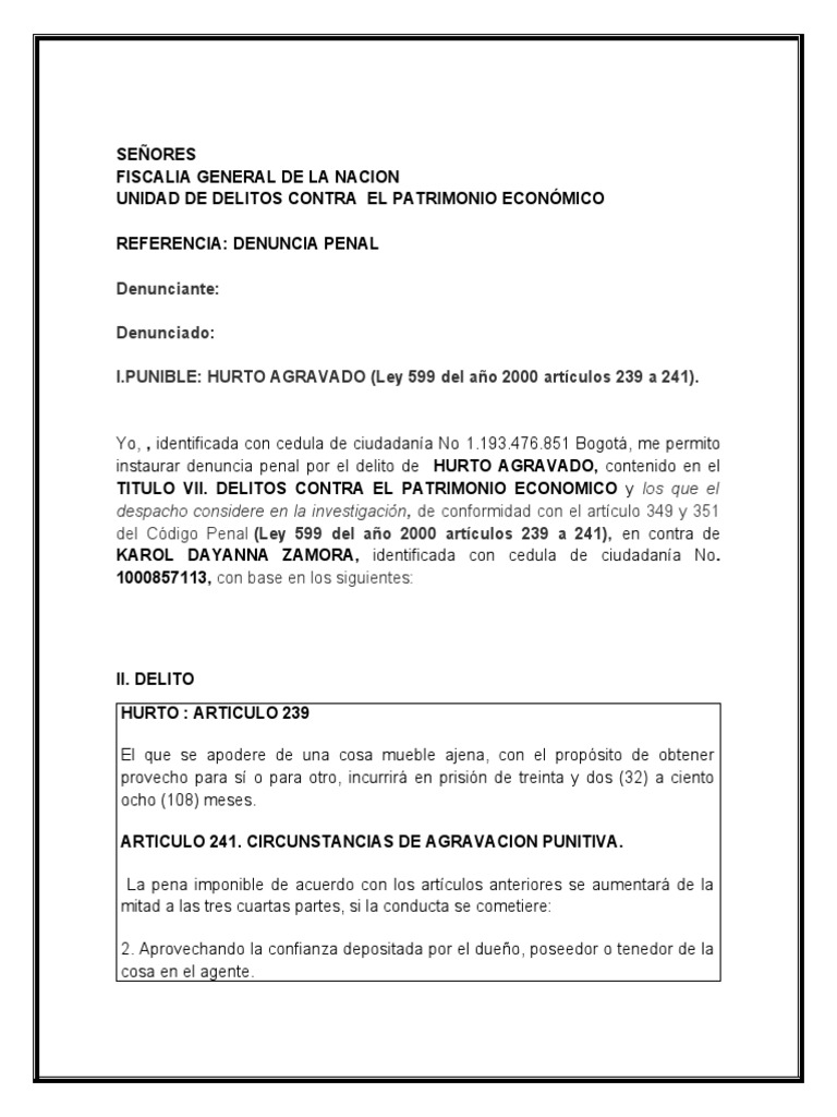 Minuta o Formato de Denuncia Penal Por Hurto | Descargar gratis PDF
