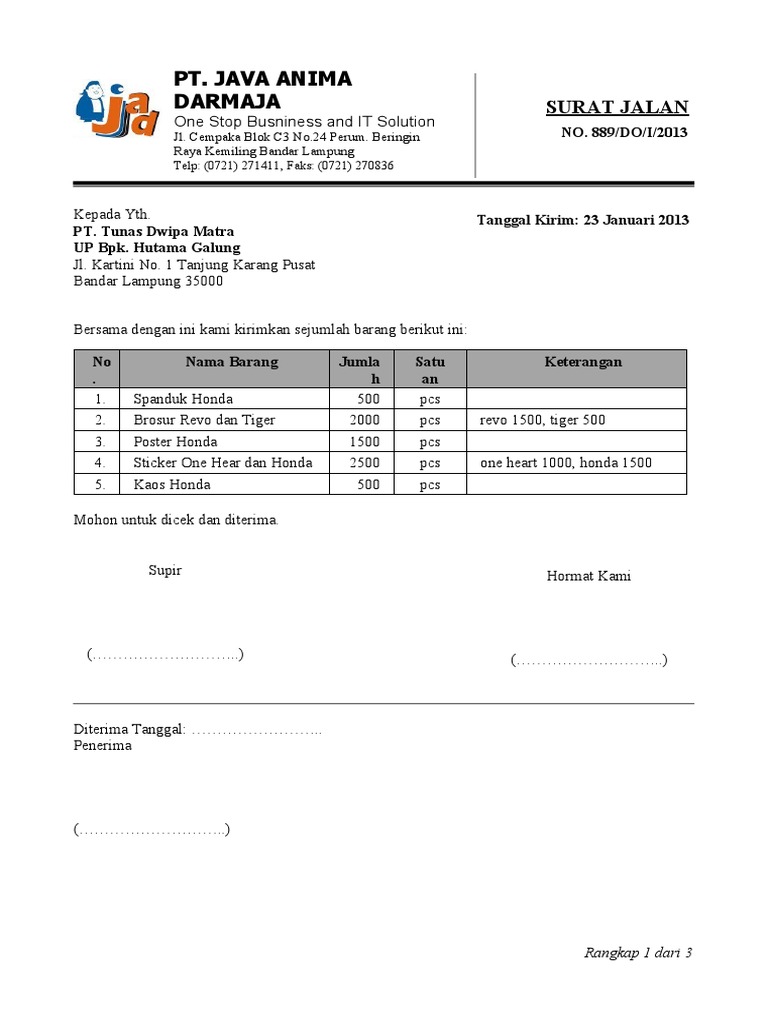 Contoh Surat Jalan Pengiriman Barang Surat Pengantar Barangdoc | PDF