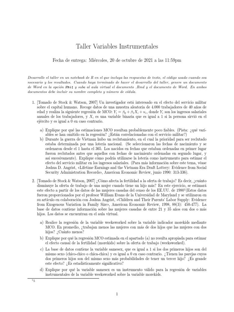 Taller Variables Instrumentales | PDF | Análisis de regresión