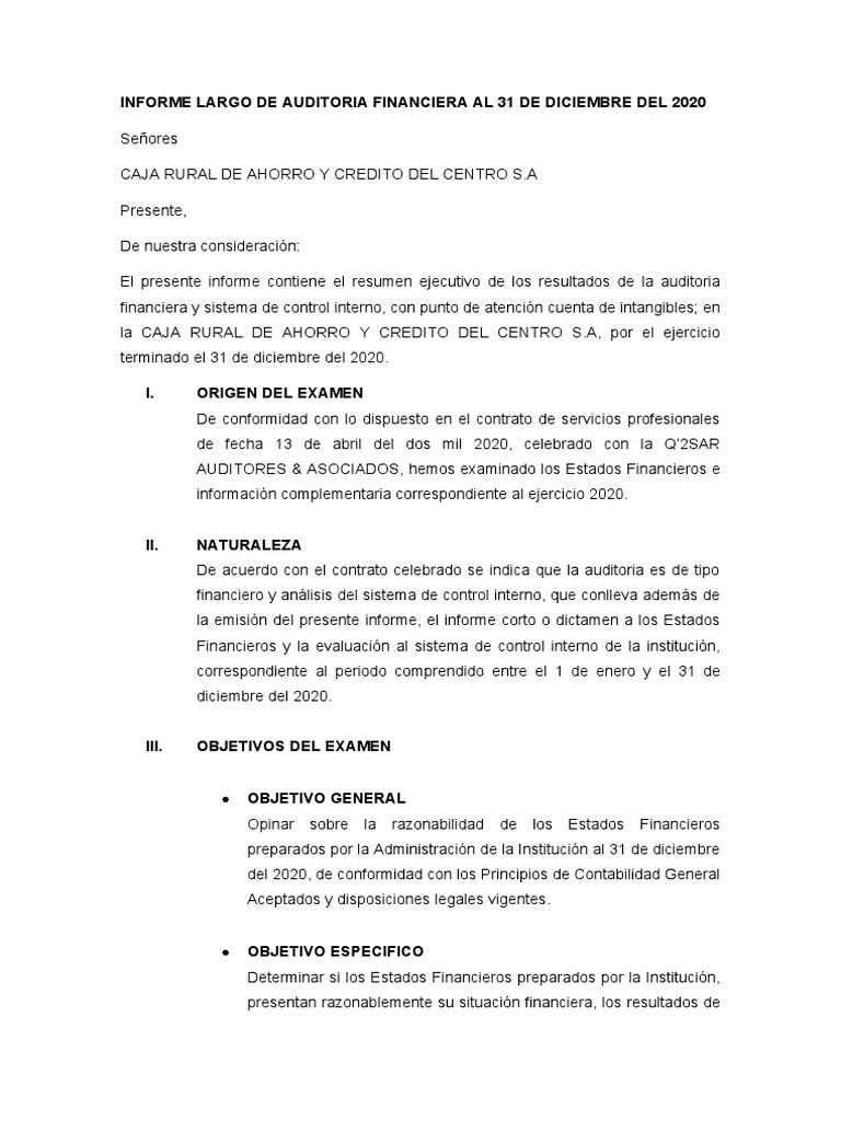Informe de Control Interno - Caja Centro | PDF | Auditoría | Estado ...