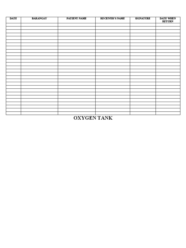 Oxygen Tank: Date Barangay Patient Name Receiver'S Name Signature Date ...