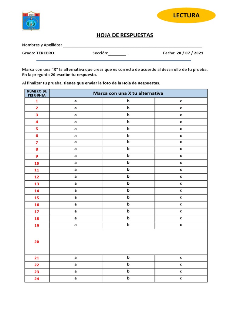 3° Ficha de Respuestas Lectura | PDF