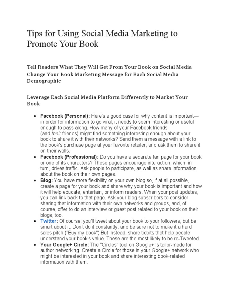 Tips For Using Social Media Marketing To Promote Your Book | PDF ...