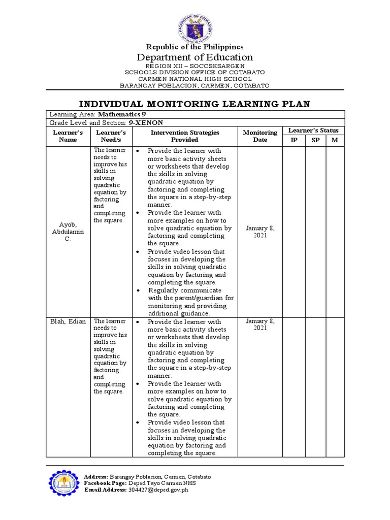 Individual Monitoring Plan for Math 9 | PDF | Learning | Quadratic Equation