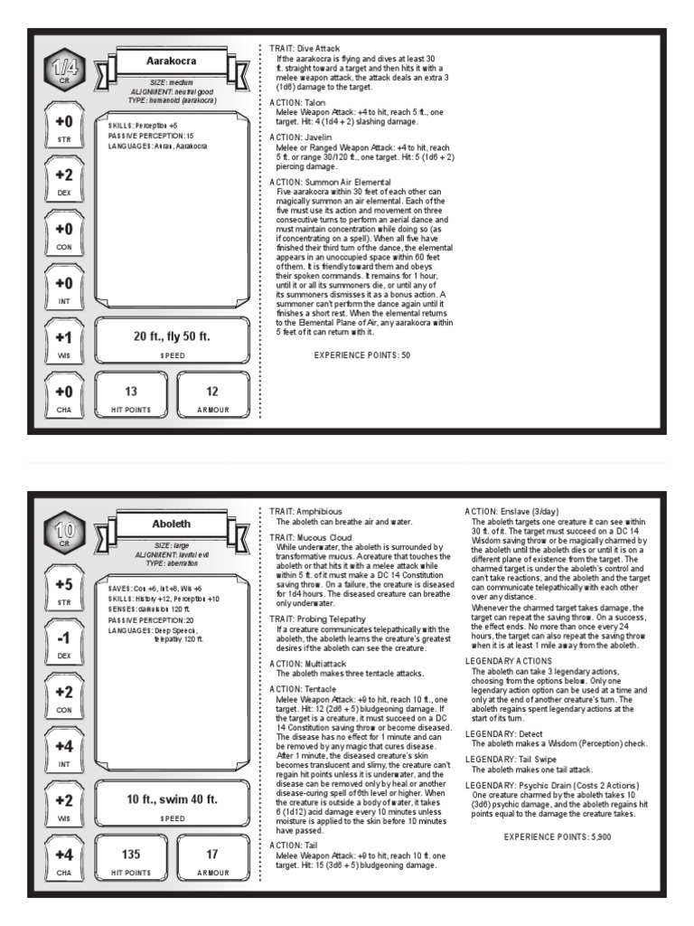 DD 5e Monster Cards SRD Complete PDF Fantasy Creatures Role