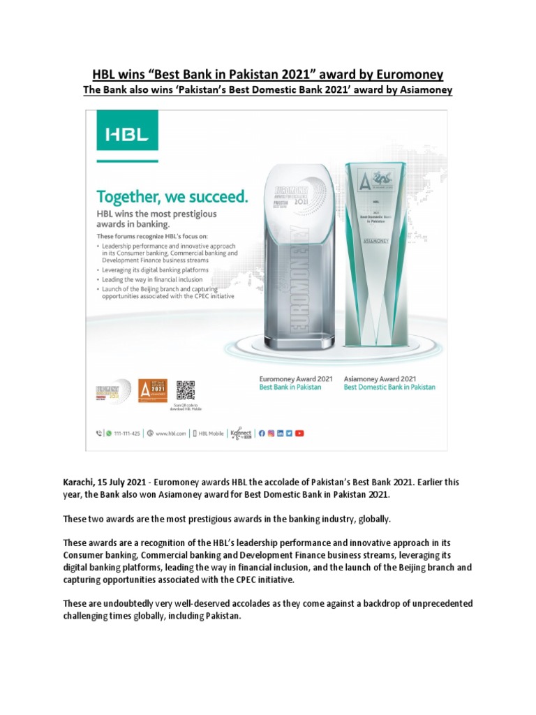 HBL Wins "Best Bank in Pakistan 2021" Award by Euromoney | PDF | Business