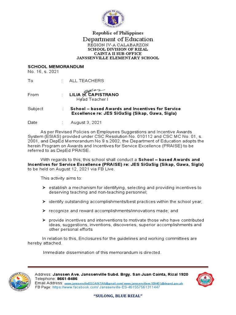 School Memorandum No. 16 S. 2021 School Based Program On Awards and