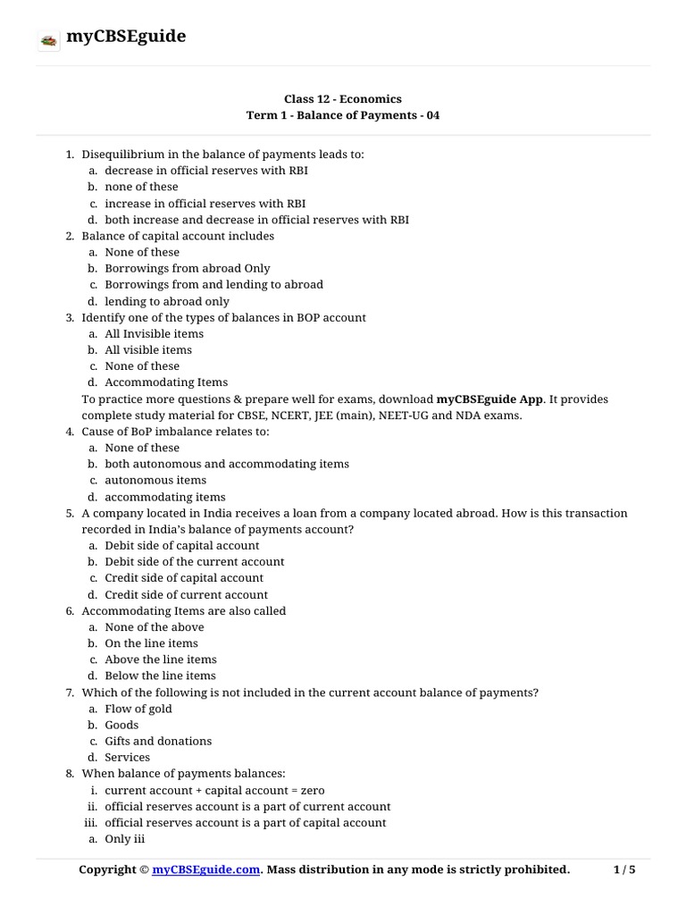 Mycbseguide: Class 12 - Economics Term 1 - Balance of Payments - 04 ...