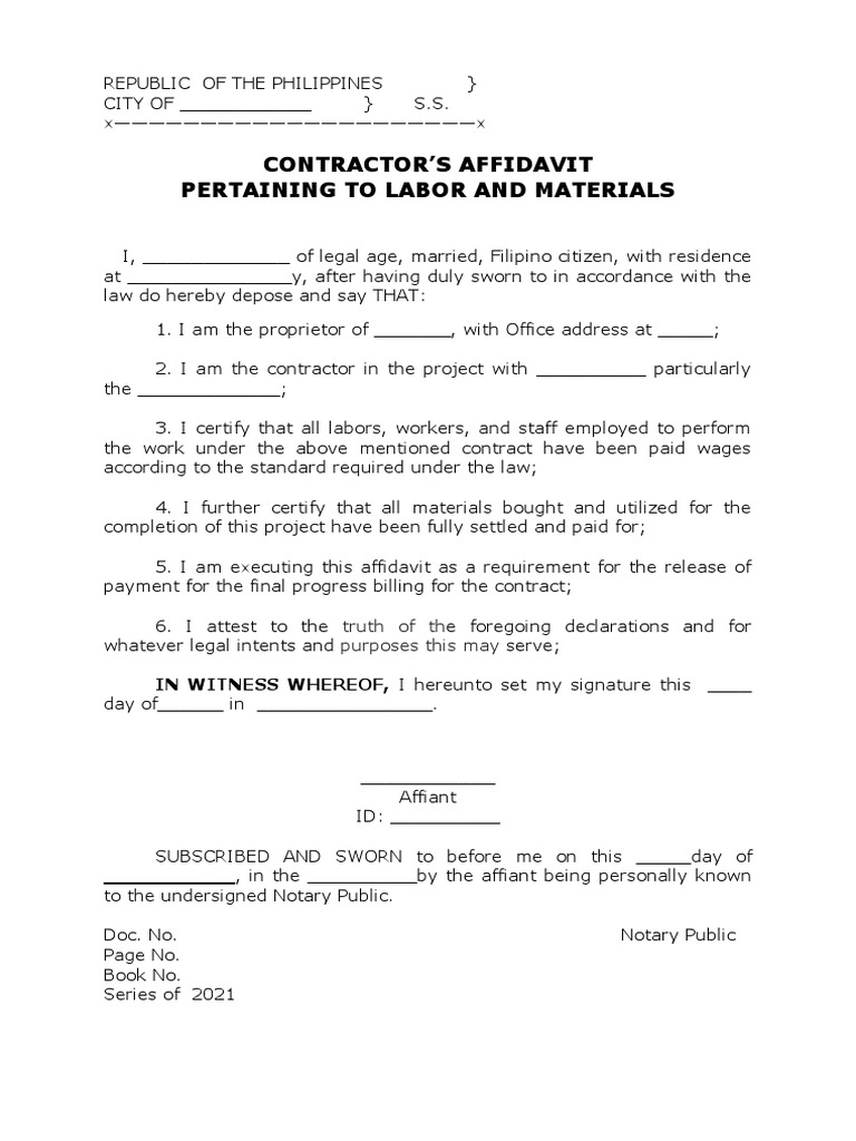 Sample Affidavit of Payment of Labor and Materials | PDF | Law