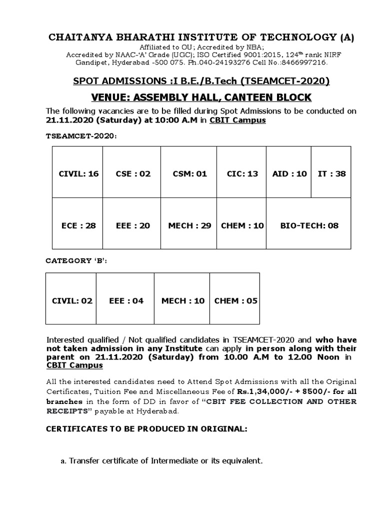 Chaitanya Bharathi Institute of Technology (A) : Spot Admissions:I B E