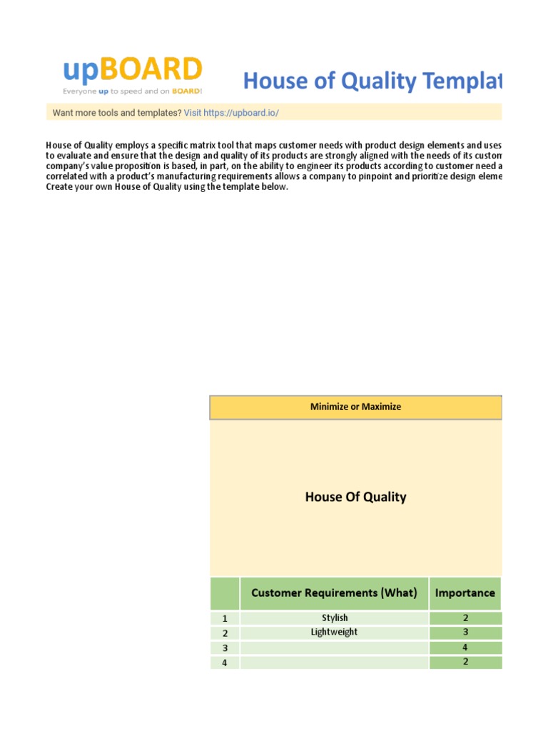 Free Quality Function Deployment QFD House of Quality Template Excel