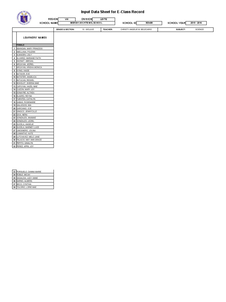 E-Class Record for Grade 10 Science | PDF