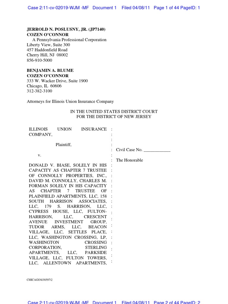 ILLINOIS UNION INSURANCE COMPANY v. BIASE et al Complaint