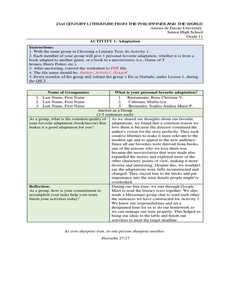 ACTIVITY 1: Adaptation Instructions:: 21St Century Literature From The ...