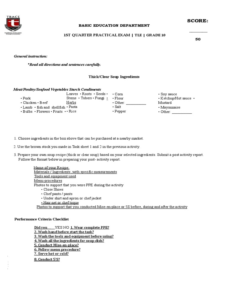 Grade 10 Cooking Practical Exam Guide | PDF | Soup | Sauce