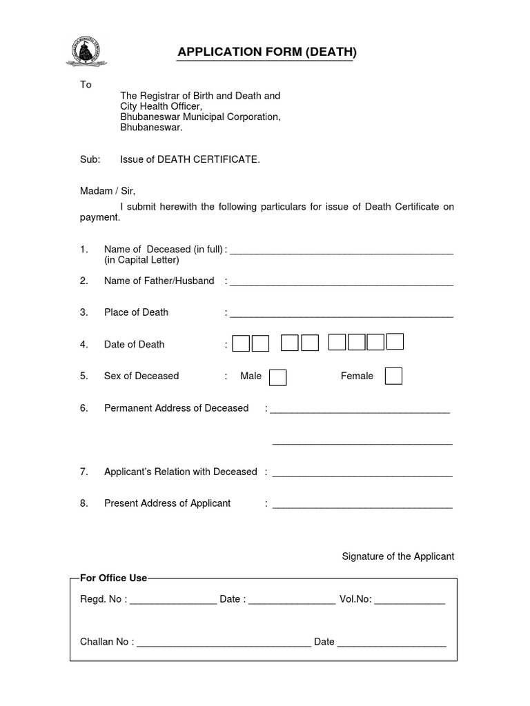 Application Form (Death) : For Office Use | PDF