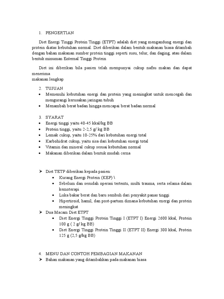 Diet Energi Tinggi Protein Tinggi (ETPT) | PDF