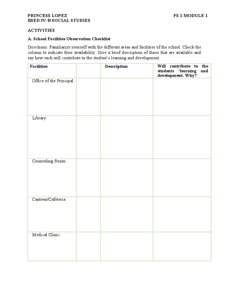 School Facilities & Classroom Observation Guide | PDF | Classroom ...