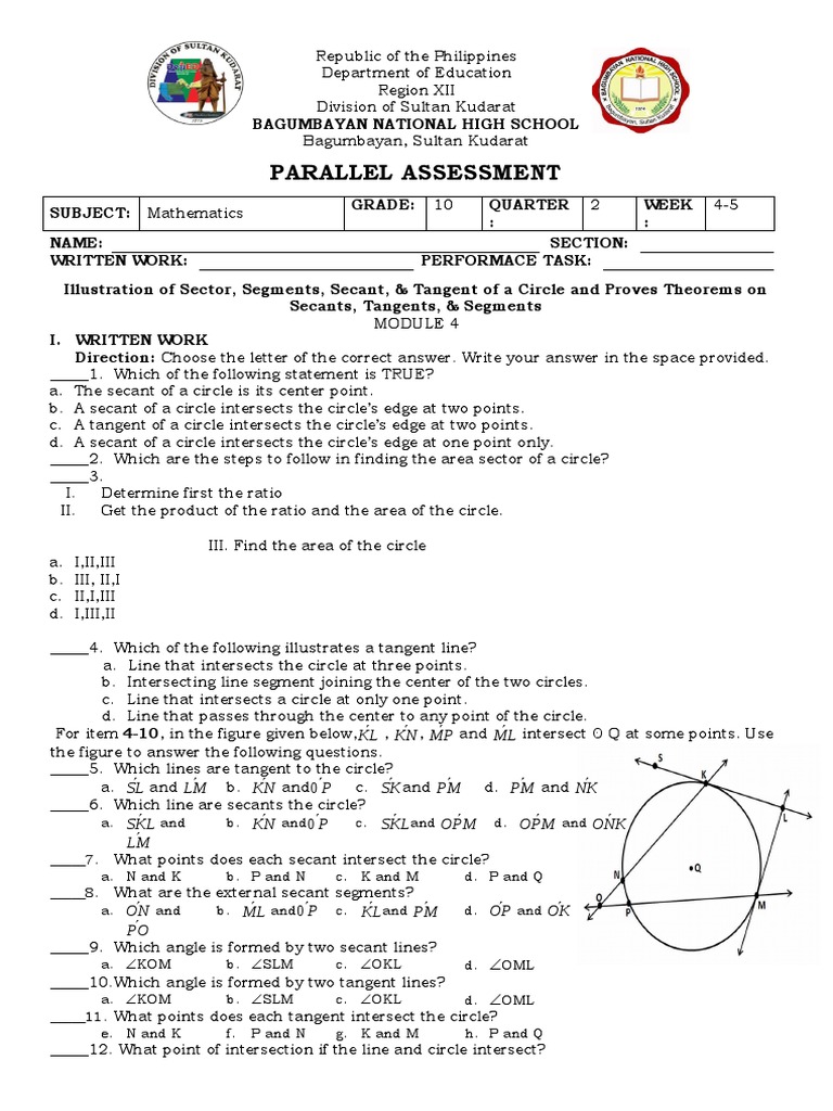 Grade 10 Math Assessment: Circles & Sequences | PDF | Tangent | Mathematics