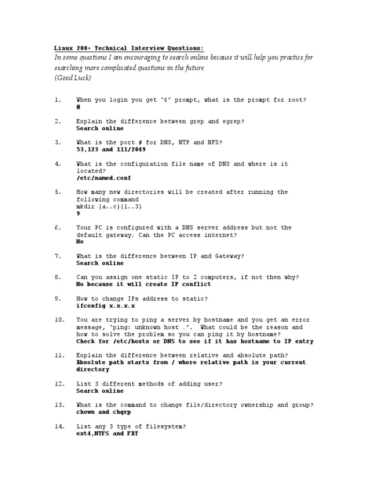 Linux 200+ Technical Interview Questions | PDF | Computer File | File ...
