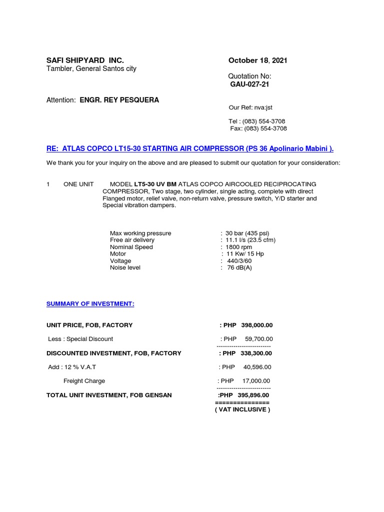 Quotation for Atlas Copco Compressor | PDF | Mechanical Engineering ...