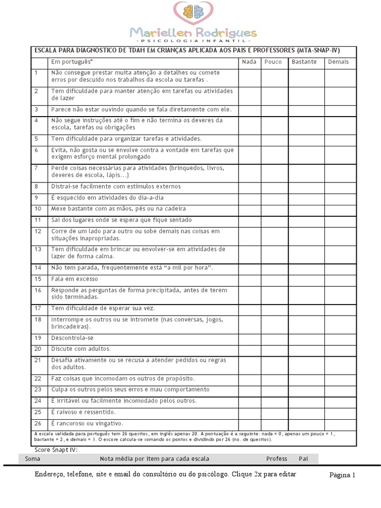 ESCALA SNAP-IV | PDF | Manual Diagnóstico e Estatístico de Transtornos ...