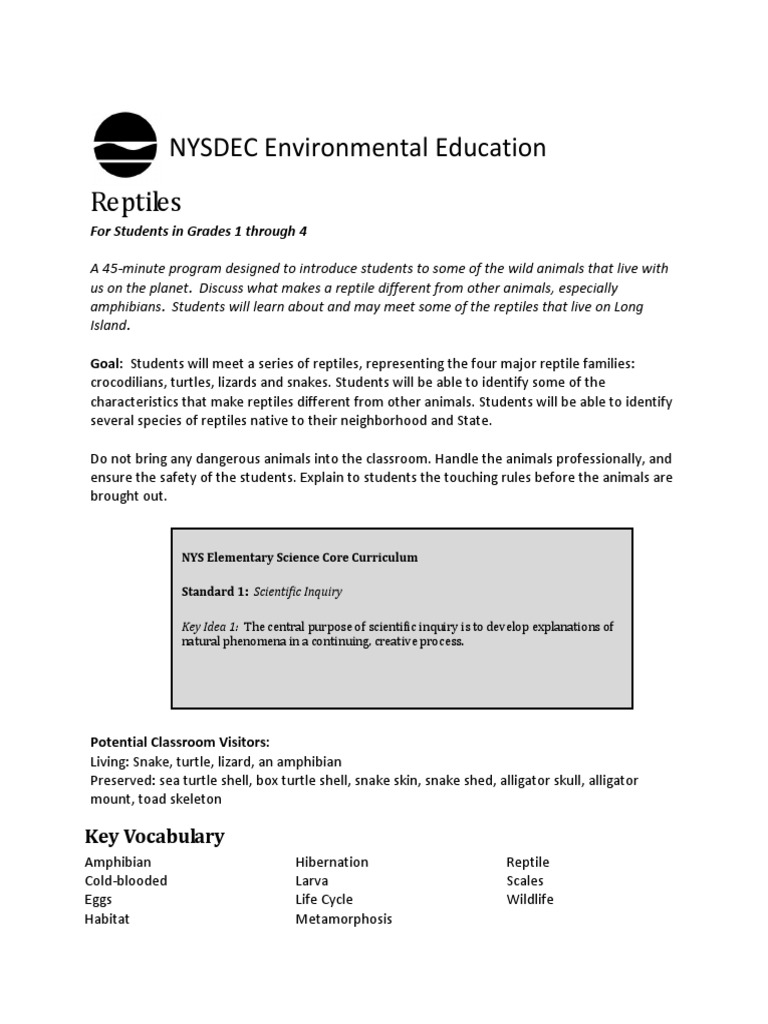 Reptiles NYSDEC Environmental Education: For Students in Grades 1