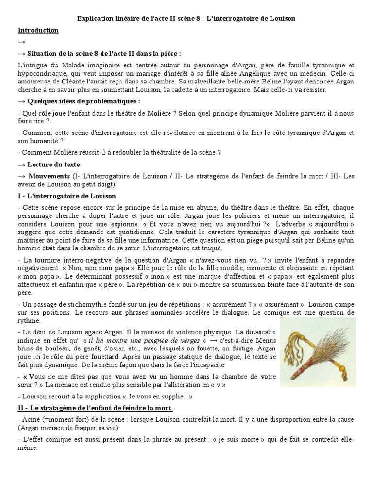 Le Malade Imaginaire Acte 2 Scene 6 Analyse Analyse Linéaire de La Scène VIII de L'acte II Du Malade Imaginaire de  Molière | PDF | Molière