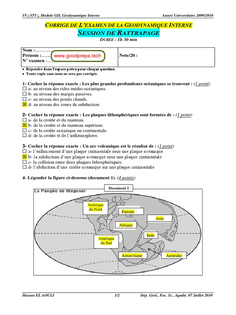 Evaluation Devoirs Sur Tectonique Des Plaques 2009-2010 Corrige Examen Session de Rattrapage | PDF | Tectonique des  plaques | Géologie