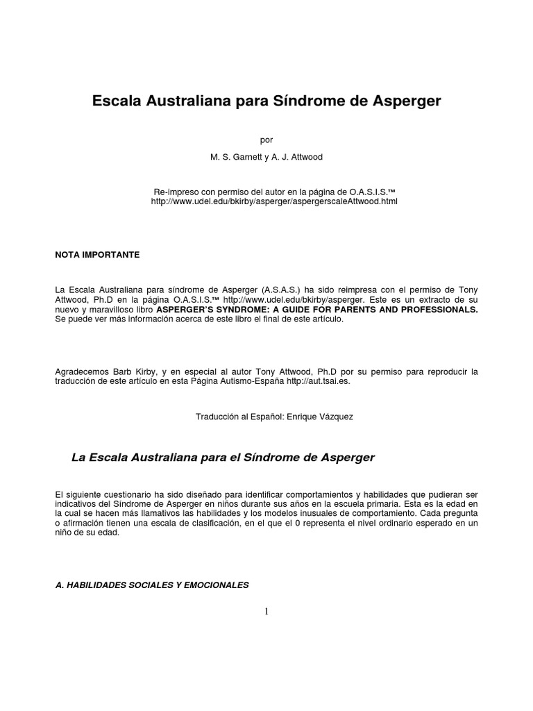 Escala Australiana ASAS - 6a en Adelante | PDF | Síndrome de Asperger ...
