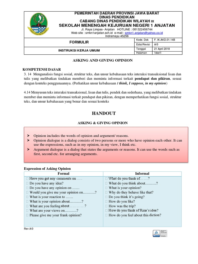 Asking And Giving Opinions A Handout On Expressing And Discussing