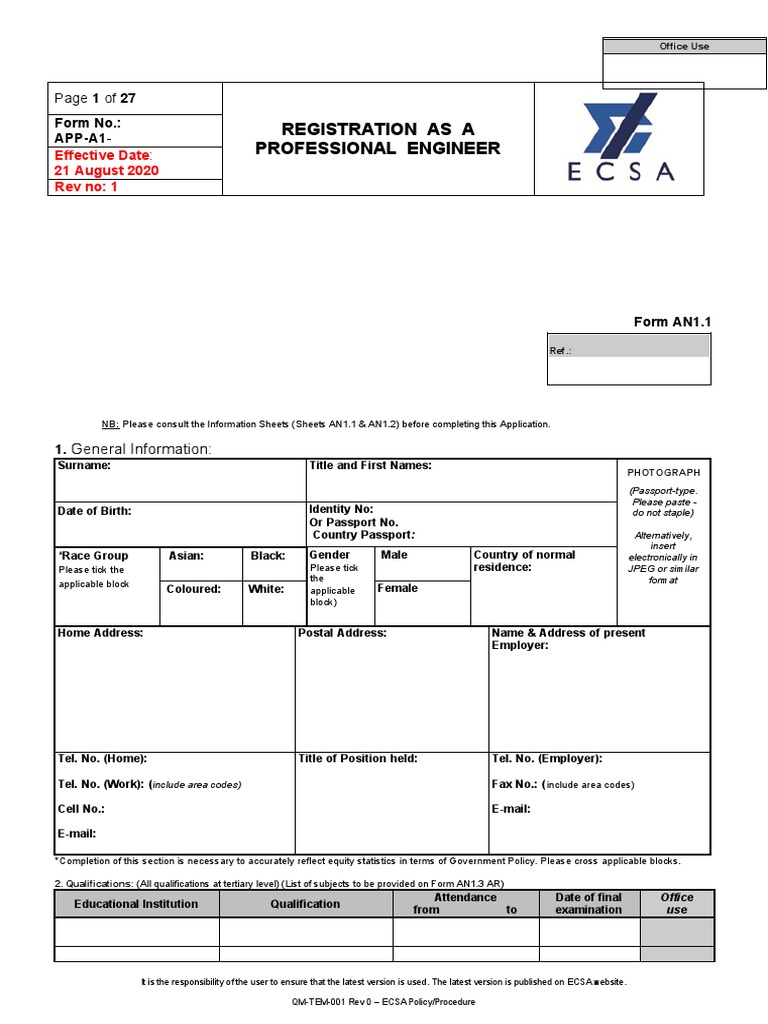 App a1 application form for registration as a professional engineer