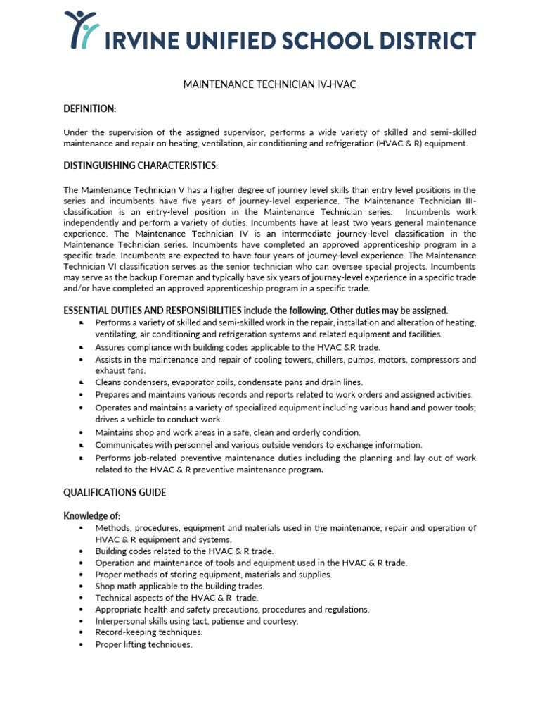 Maintenance Technician Iv Hvac Definition PDF Engineering