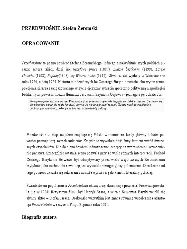 Przedwiośnie Czas I Miejsce Akcji