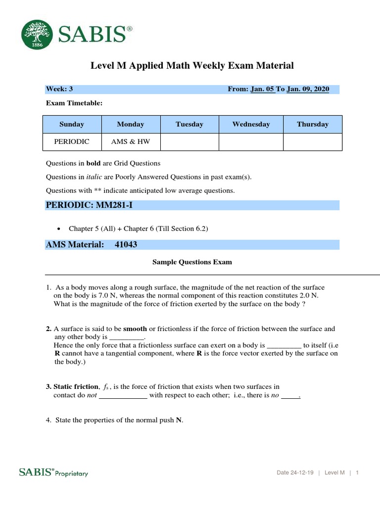 Level M Applied Math Exam Guide | PDF | Friction | Force
