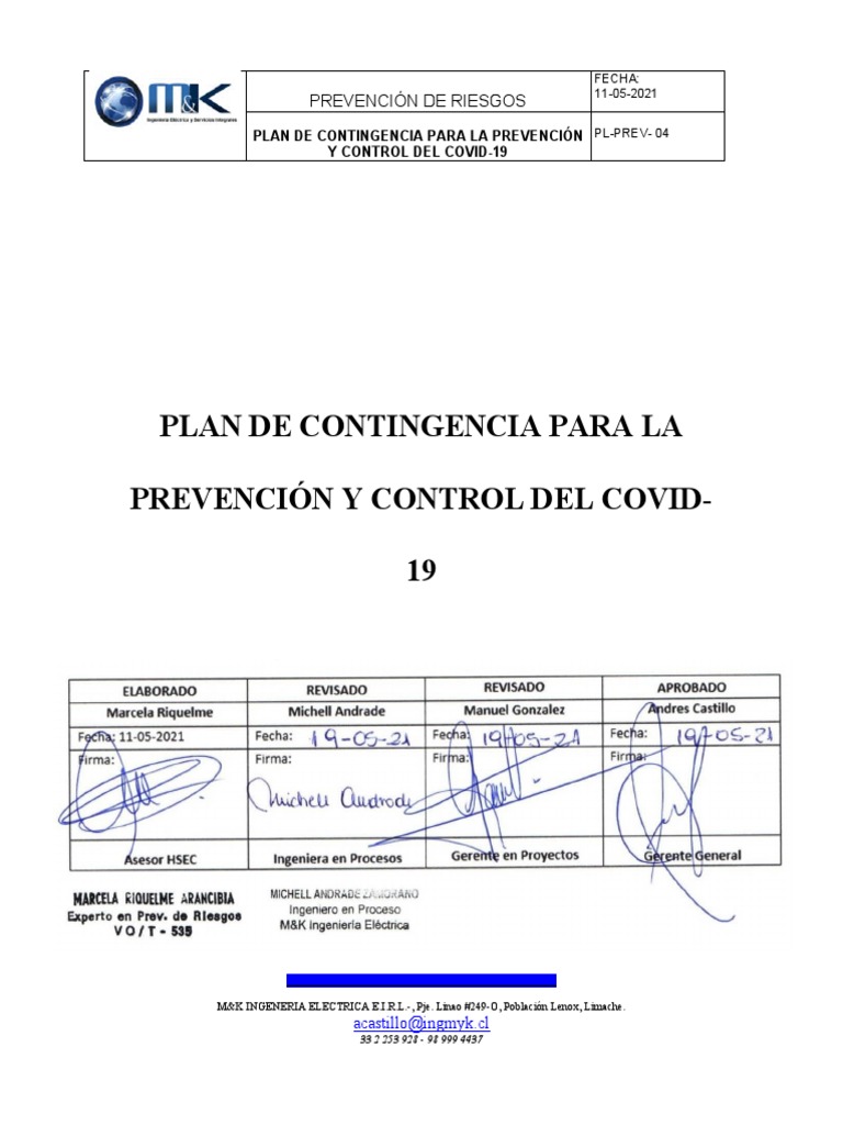 Plan de Contingencia COVID-19 M&K Ingeniería | PDF | Enfermedades y ...