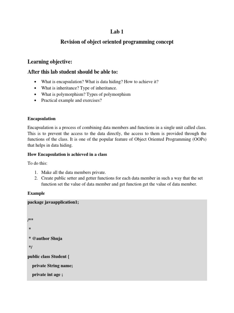 Lab 1 Revision of Object Oriented Programming Concept: Encapsulation ...